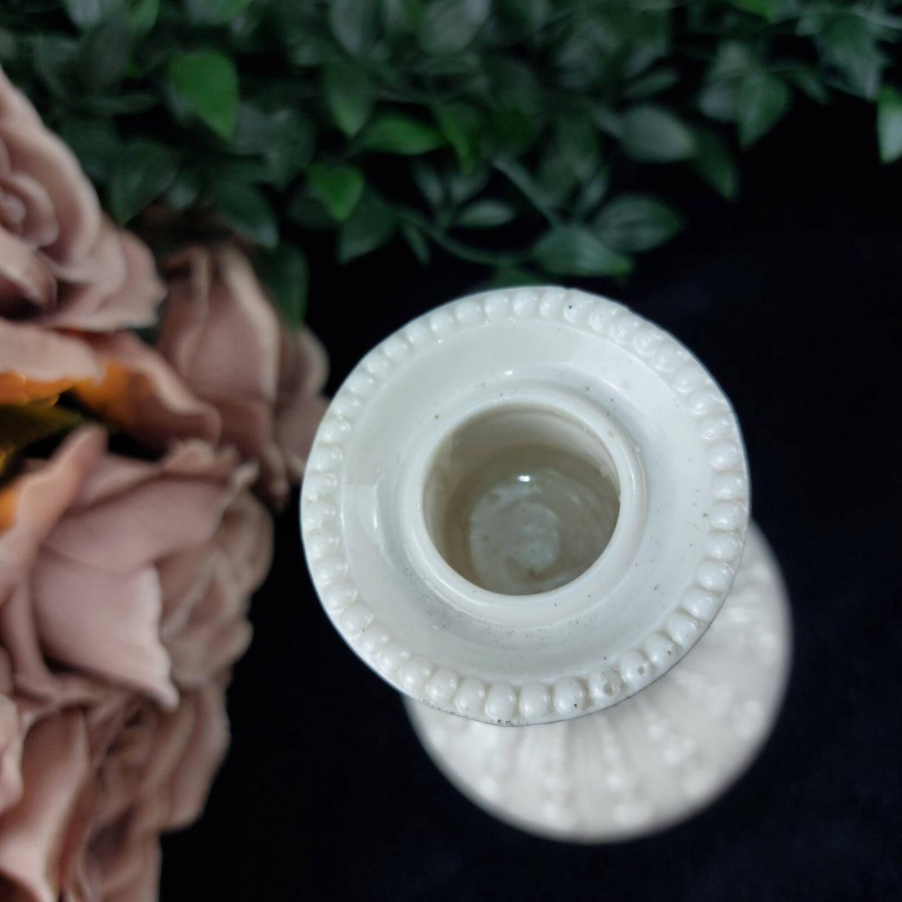 Rare Milk Glass porcelain Candlestick Holder, Black Dot Chipped Rim & Base 6.5"5