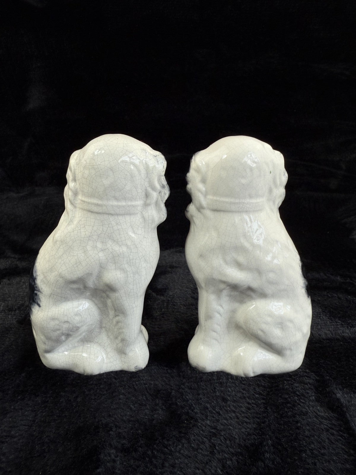 Antique Staffordshire Porcelain Black White Pair King Charles Spaniel Glass eyes3