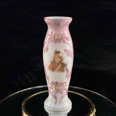 Victorian Pink Milk Glass Vase Portrait Enamel 8” Antique bedroom Vintage decor1