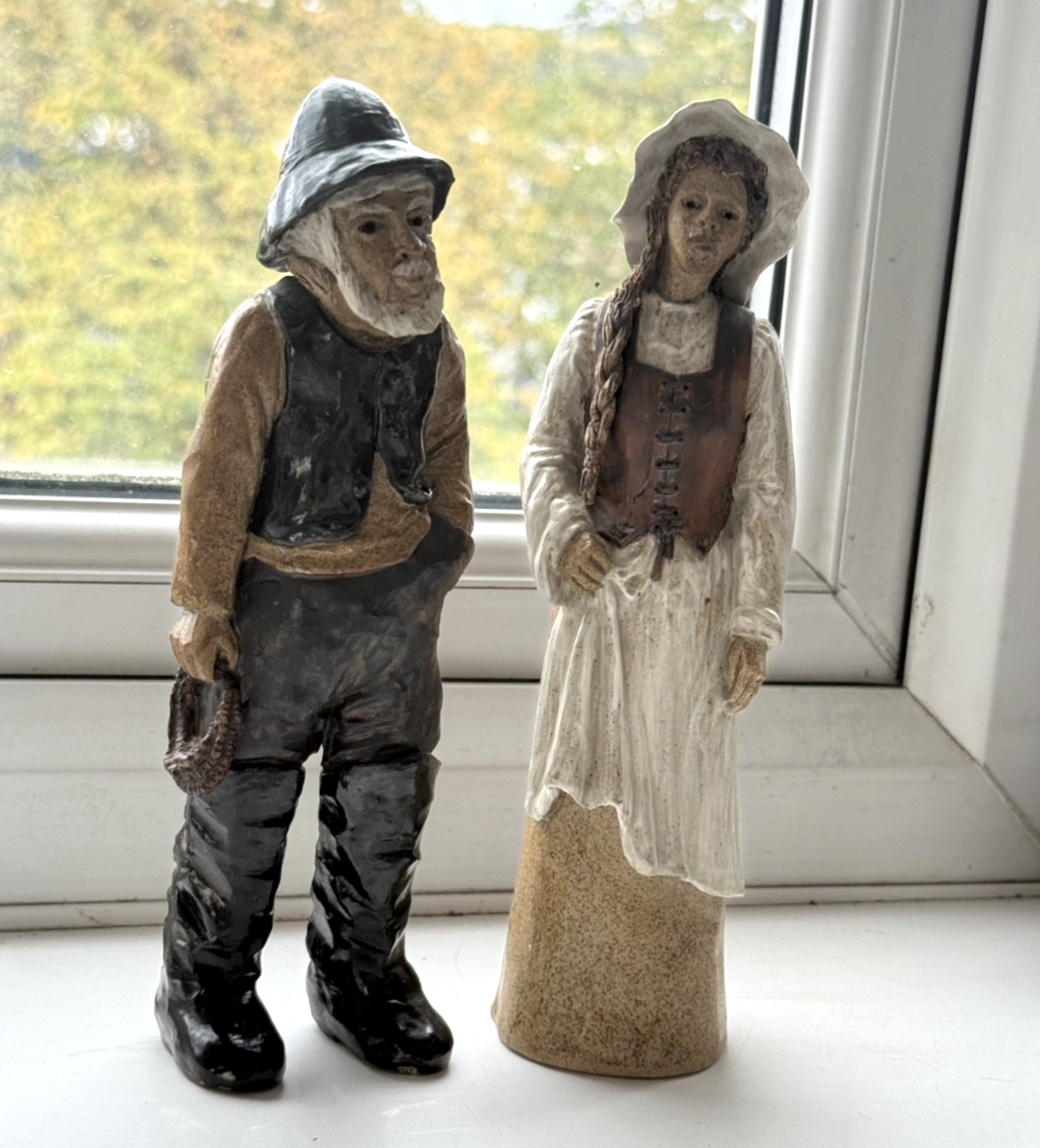 Vintage  Signed by JR Art Pottery fisherman and wife clay figurine set of 2 Rare2