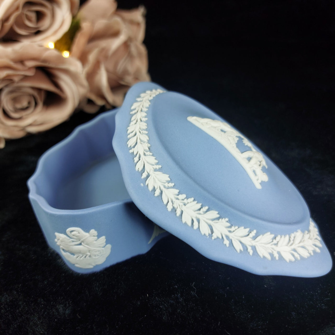 Wedgwood Jasperware  Blue Oval   Elegant Vintage Collectible Trinket Box 8