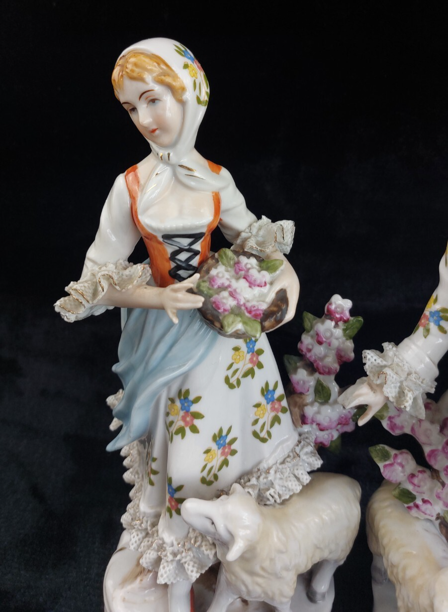 German Porcelain Figurine Pair Shepherdess & Shepherd Sheep 10" gift see pics4