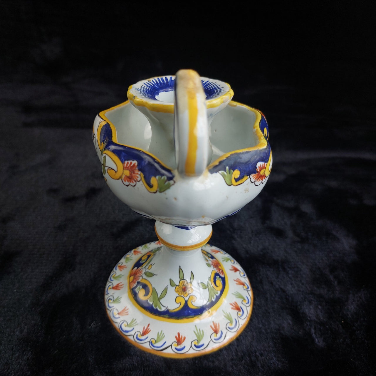 Antique Italian Faience Majolica Candle Holder Hand Painted Coat of Arms Floral7