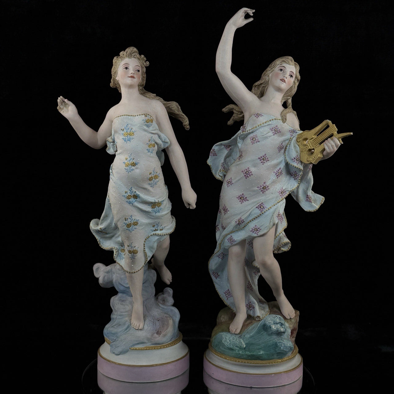 Augarten Vienna Porcelain Ladies Musician Figurines Lyre Pair Austria Antique se3