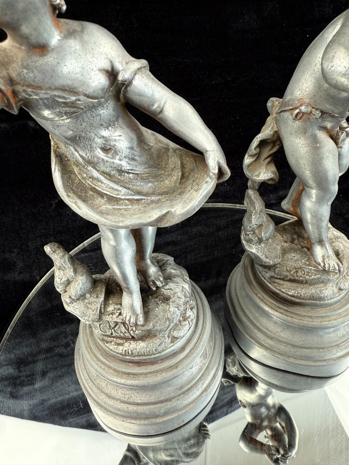 Antique French Cherub / Putti Metal Figurines "Silence" & "Music" by C. Kalf?6