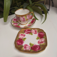 Thumbnail for Royal Albert Old English Rose Trio Set Cup Saucer Plate Red Pink Floral Gilded.8