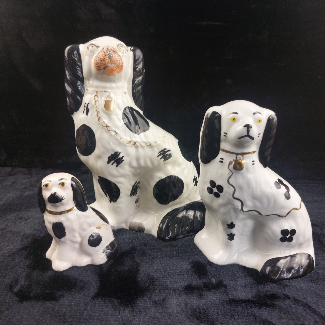 Staffordshire Dog Figures Trio White Black , 7.5 in, 4.5 in Handpaint 9.5" Large1