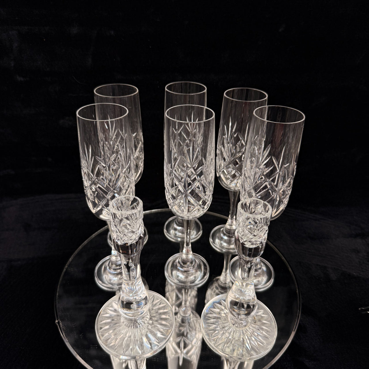 Vintage Cut Crystal Glassware Set – 6 Champagne Flutes & 2 Candlestick Holders4