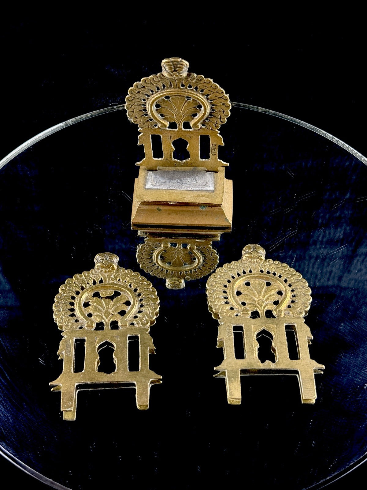 BIRH Brass Miniature Indian Throne Backrests Set of 3 Hindu Temple Art Vintage1