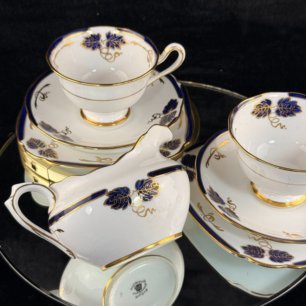 Rare Royal Albert Crown China Blue Gold Leaf Tea Set Trio x2 & Jug England 1930s4
