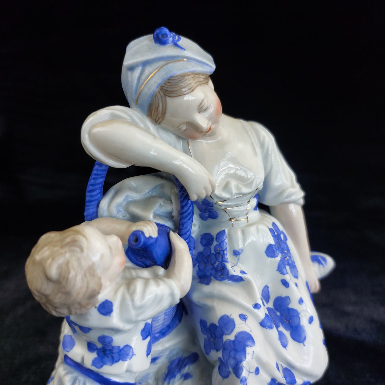 Porcelain Mother Child Figurine Basket Antique German White Blue Ceramic decor3