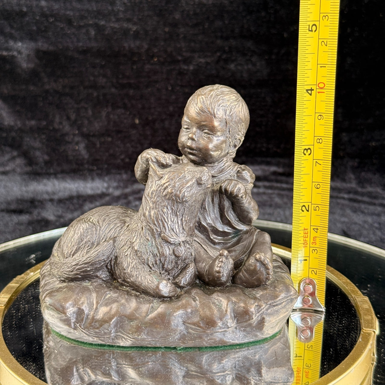 Vintage Bronze signed Baby with Dog Sculpture – 4.5" Wide 4" Tall Figurine gift10