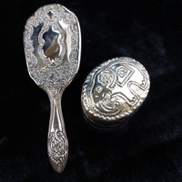 Thumbnail for Vintage Silver-Plated Vanity Set gift– Round Ornate Etched Box & Hand Mirror0