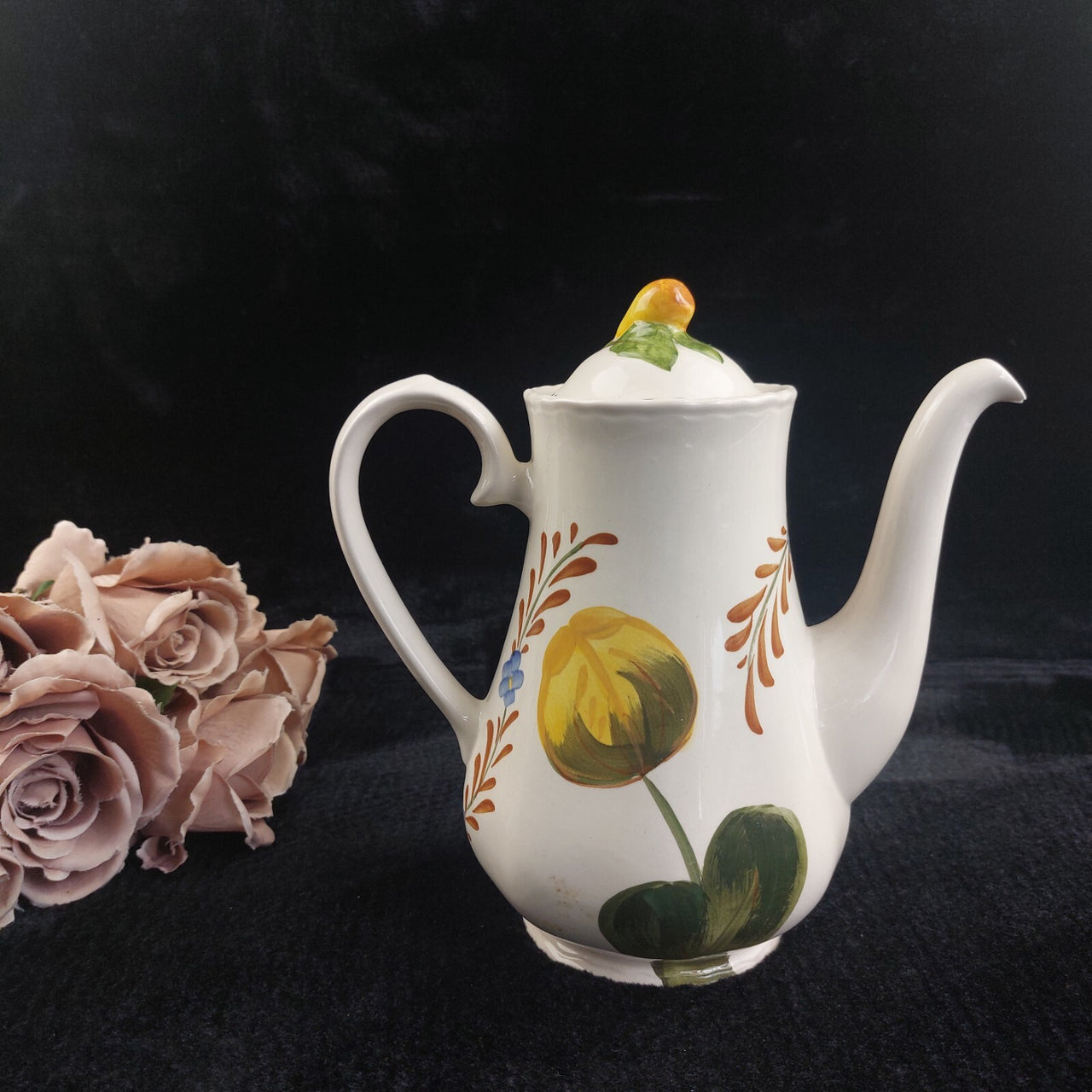 Simpsons Belle Fiore Coffee Pot 8 in Handpainted Ironstone Damage Worn Tea Pot.3