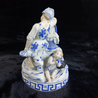 Porcelain Mother Child Figurine Basket Antique German Blue White Ceramic decor1