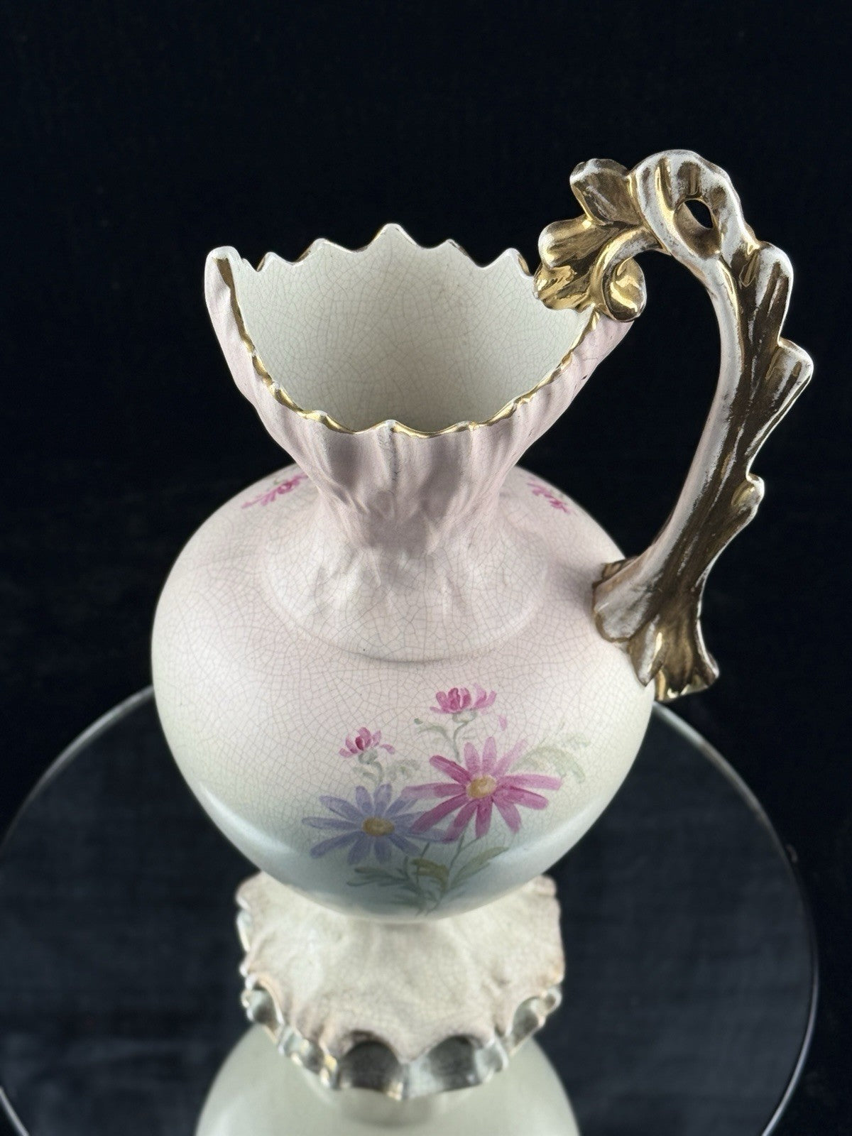 Victorian Style Floral Pitcher Vase Pink Gold Handle Bird Flowers 13" Ceramic10