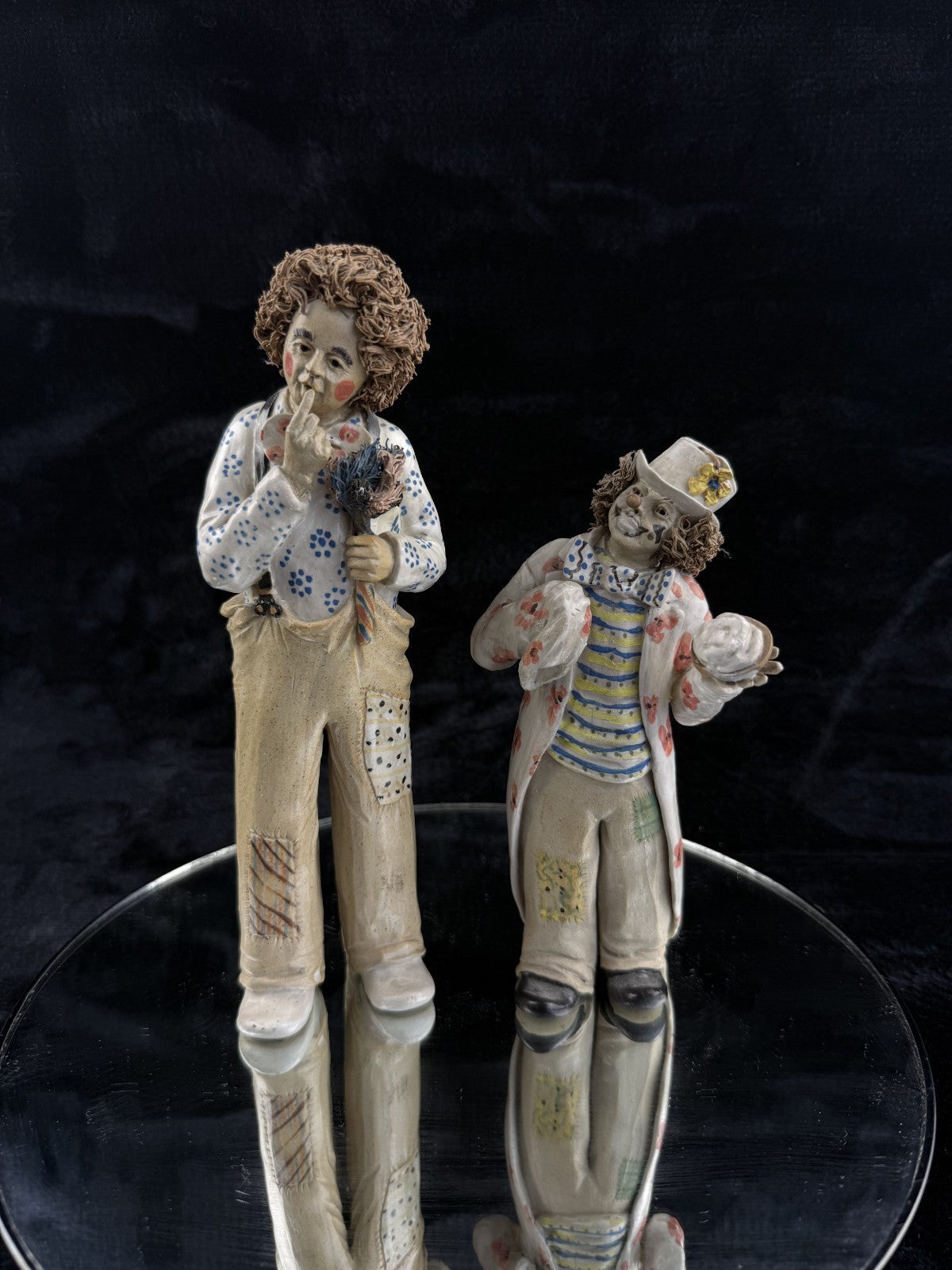 Rare Signed Art Pottery Clay Clowns Figures - Pair by JR Figurine Italy Medium d5