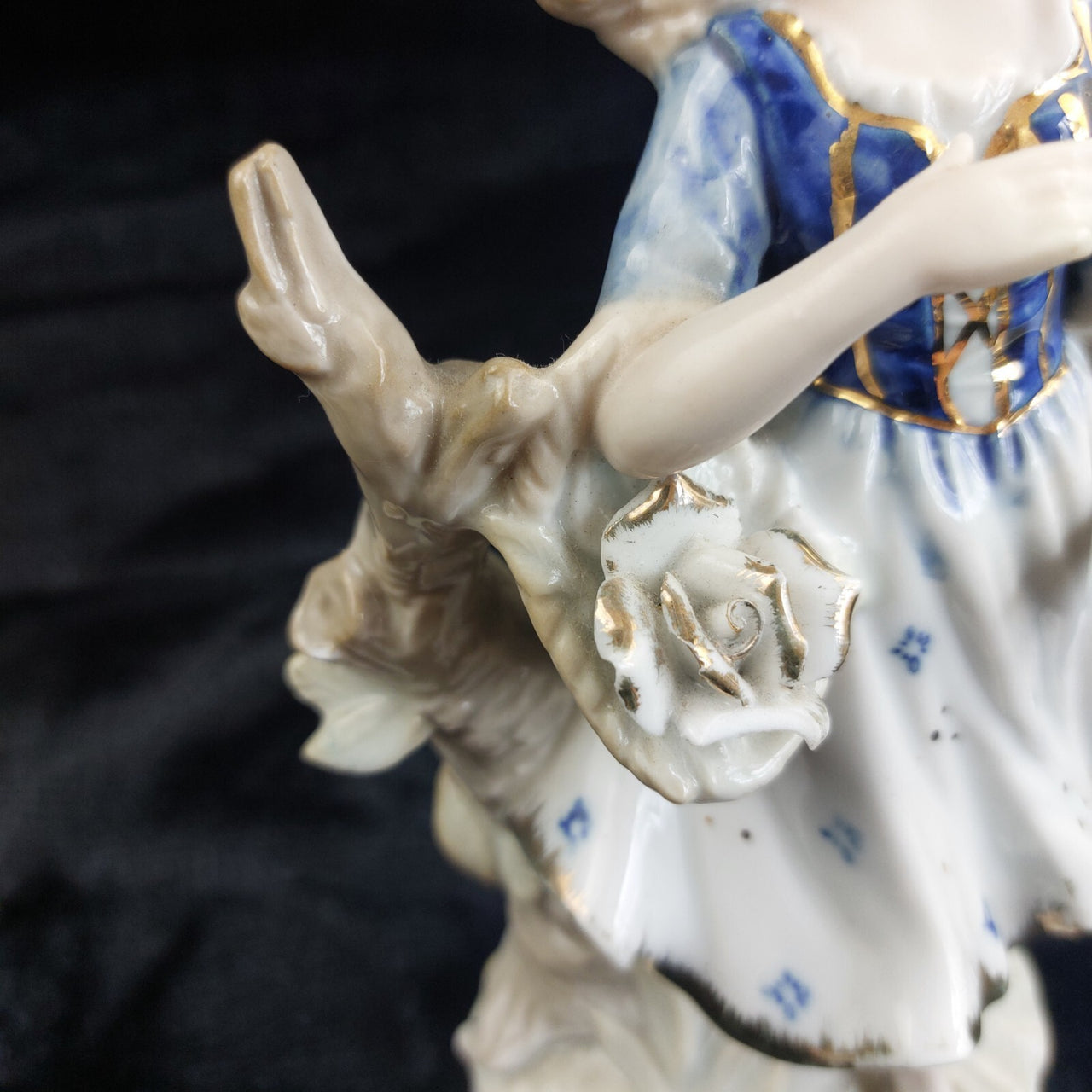 German Porcelain Figurine 8.5in Lady with Rose Blue Gold White see pics decor.8
