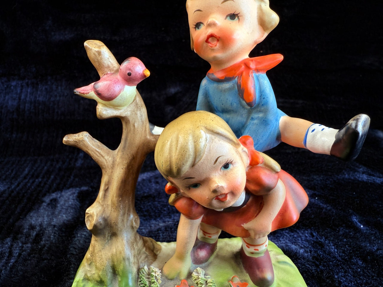 Hummel Vintage style Porcelain Figurine of Children with a Bird on a Tree 7in8