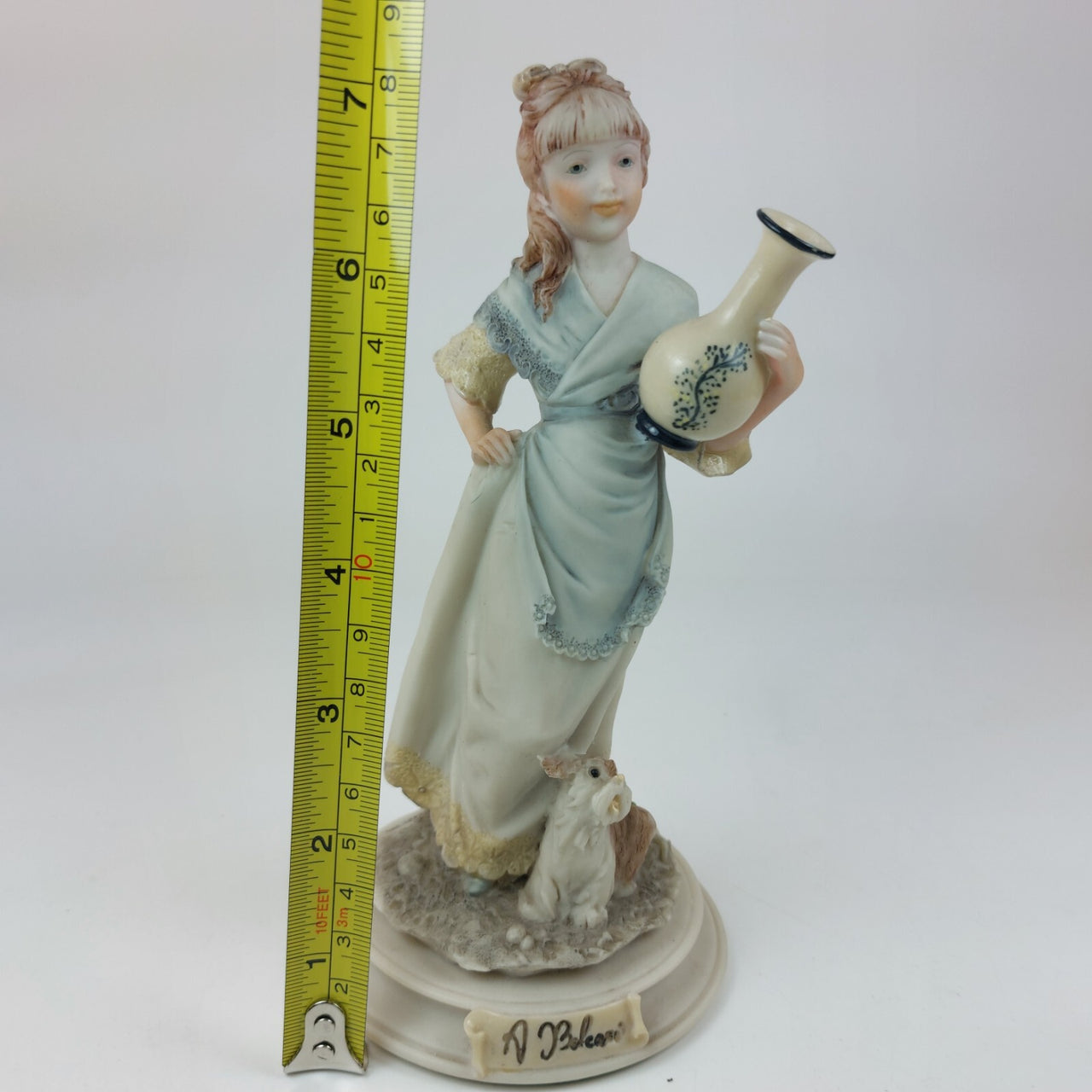 Signed A. Belcari Girl with Dog Vase Capodimonte Italian Porcelain 7" 1987 dec6