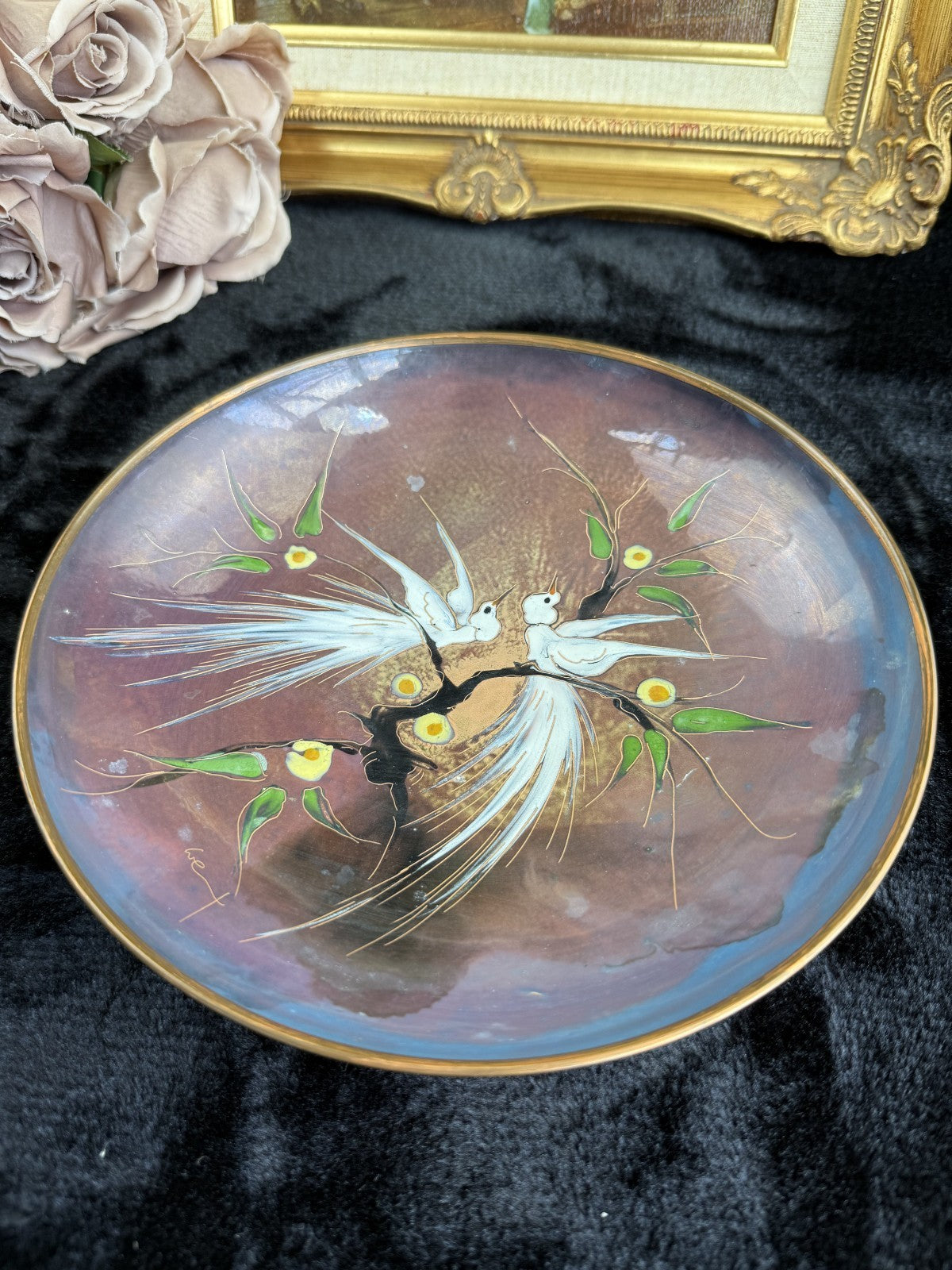Vintage Enamel on Copper Plate with Iridescent Birds Design9