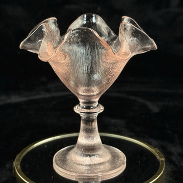 French Pink Amber Glass Compote Bowl Ruffled Pedestal 6.5” Vintage Decor Elegant0