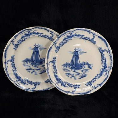 Delph Blue & White Transferware Plates Sailboat Scene x2 Antique, 1890s decor0