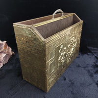 Thumbnail for Gold Brass Magazine Rack Tavern Scene Handle Wood Back  Vintage  5