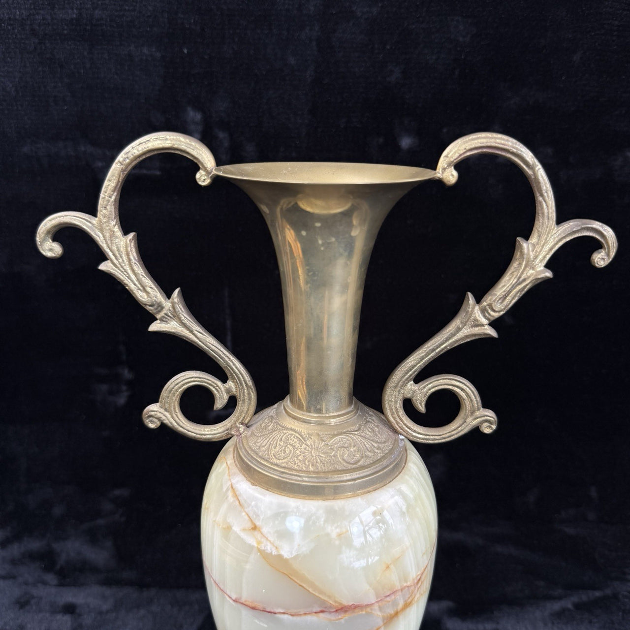 Pair of Brass & Green Onyx Marble Urn Vases Ornate Handles Decorative 35cm10