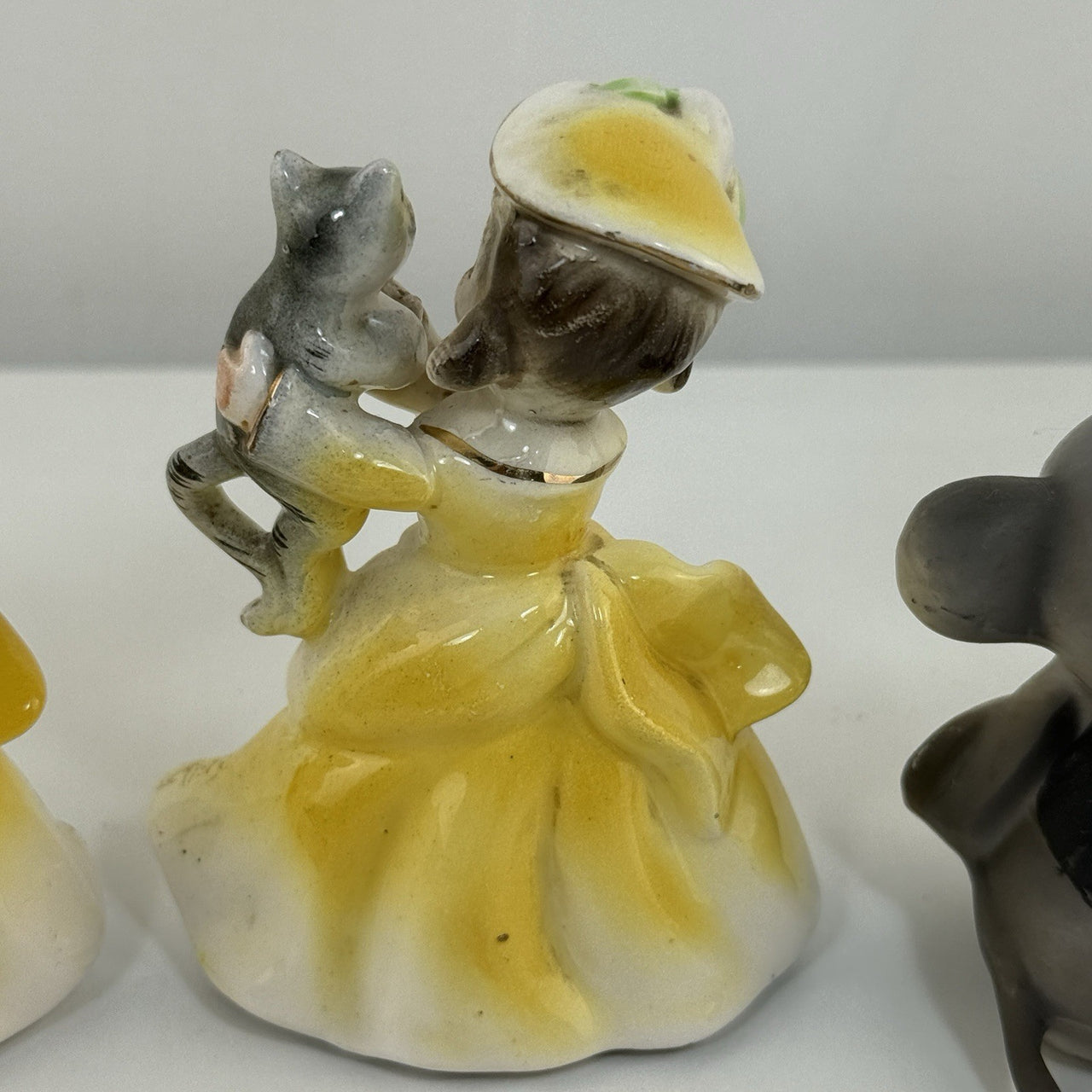 Vintage Korea Figurines Girl with Cat & Mice Set Hand Painted Ceramic 1950s11