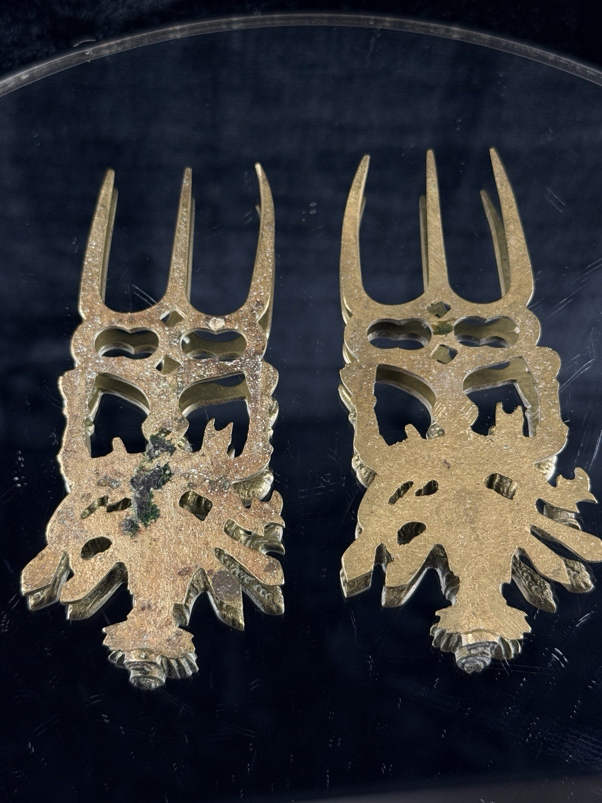 Antique Brass Hindu Trishul Durga Wall Plaques / Fork Pair â 5â Indian Templ2