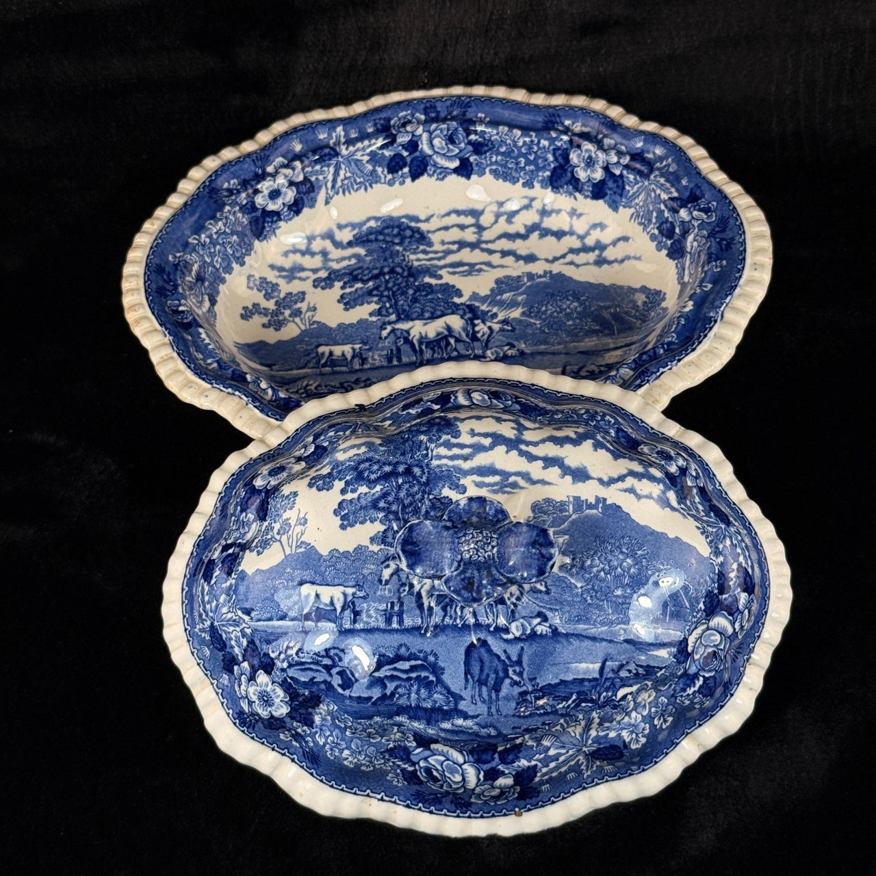 Adams Cattle Scenery Blue Transferware Tureen with Lid 11" England Ironstone2
