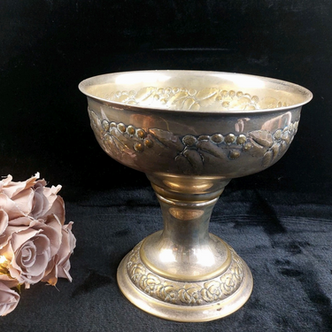 Vintage Brass Pedestal Bowl vase gold Floral Embossed 10