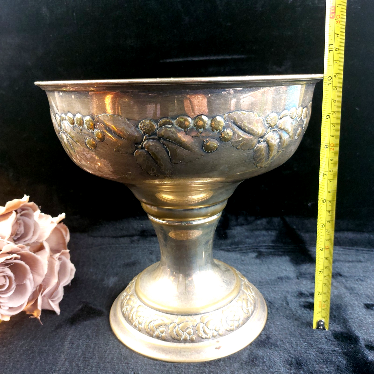 Vintage Brass Pedestal vase Bowl gold Floral Embossed 10" 10" Good Condition4