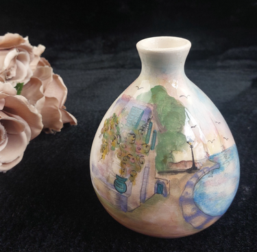 Ceramika Hand Painted Vase Scenic Coastal Art Glazed Good Condition 5.5