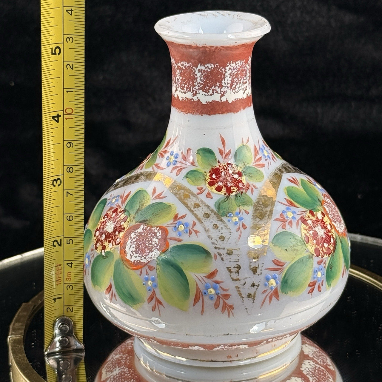 Victorian Bohemian Glass Vase Hand Painted Floral Enamel 5” Art Nouveau Decor11