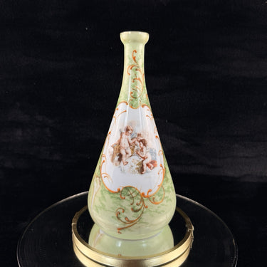 Antique Cherub Porcelain Vase Hand Decorated Putti Scene Green Gold Gilt decor0