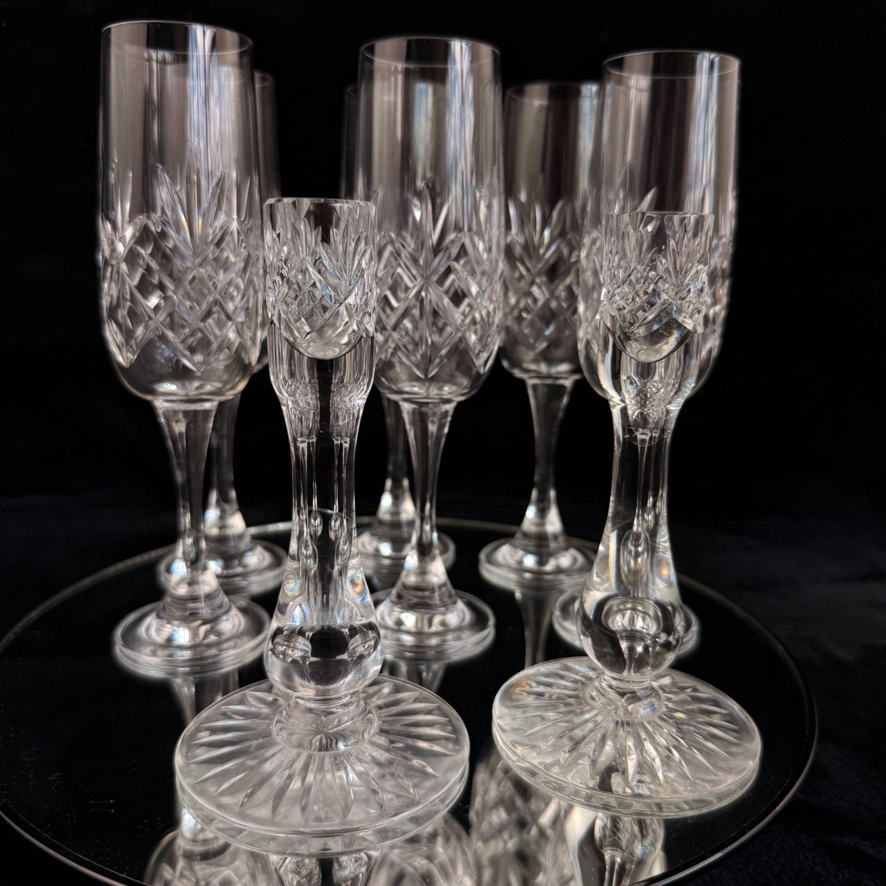 Vintage Cut Crystal Glassware Set – 6 Champagne Flutes & 2 Candlestick Holders2