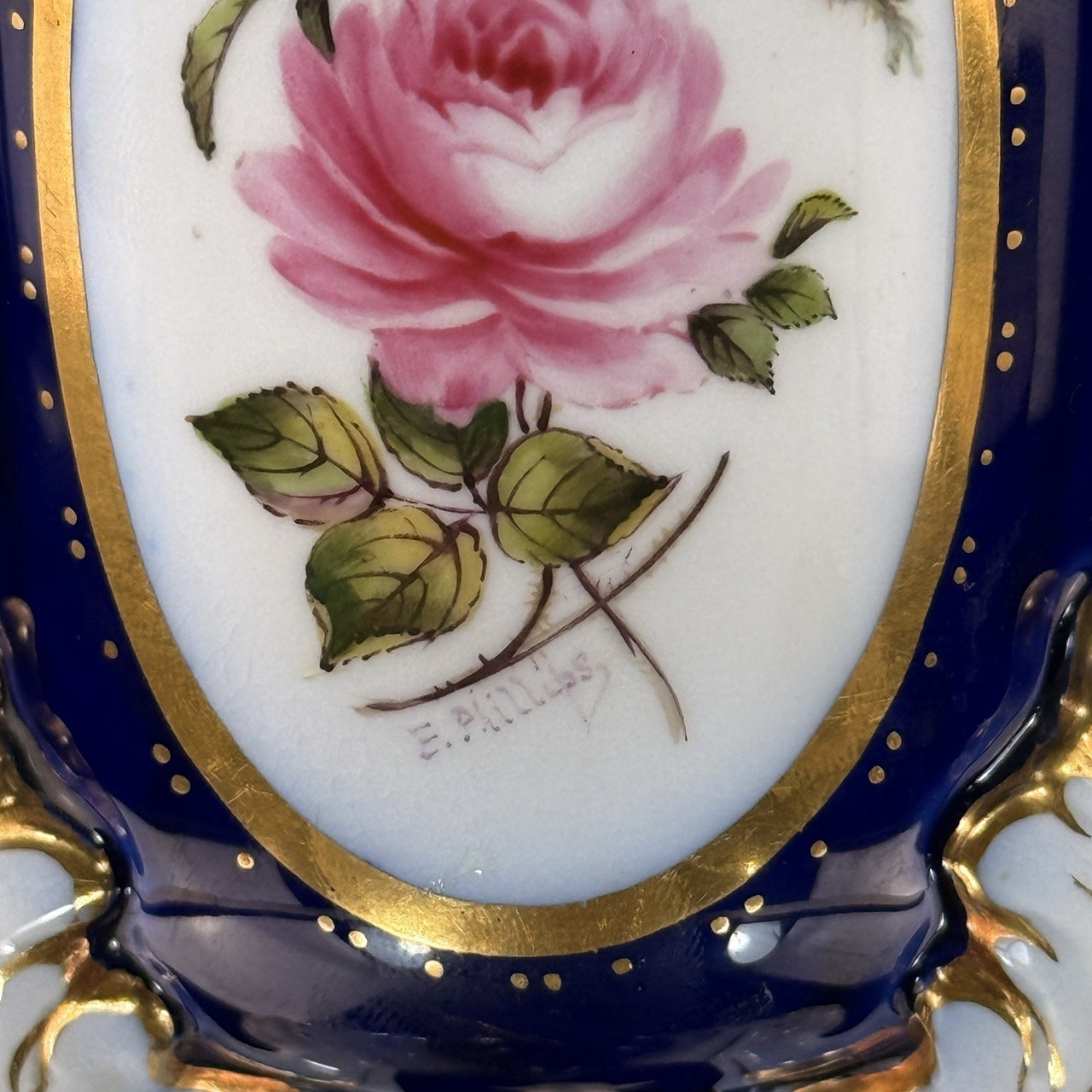 Royal Worcester Tripod Vase Blue Cobalt Pink Rose Hand Painted Gilt Antique Styl1