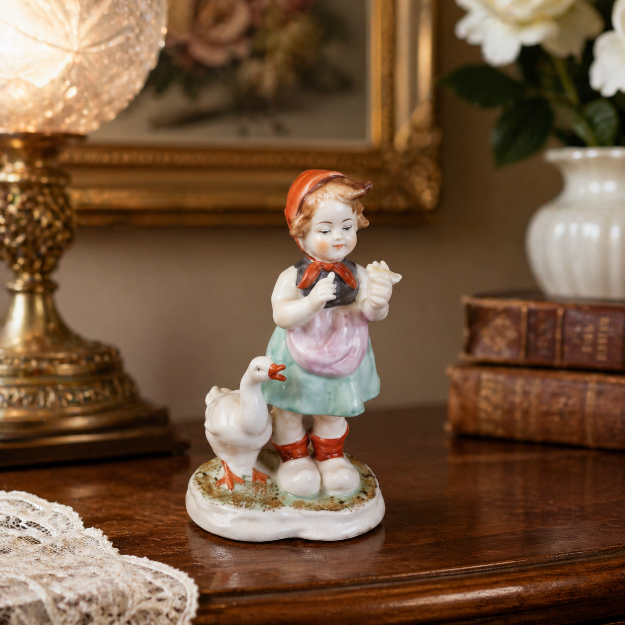 AK Kaiser Figurine Germany Porcelain Girl with Goose 16cm Hand Painted Small dec0