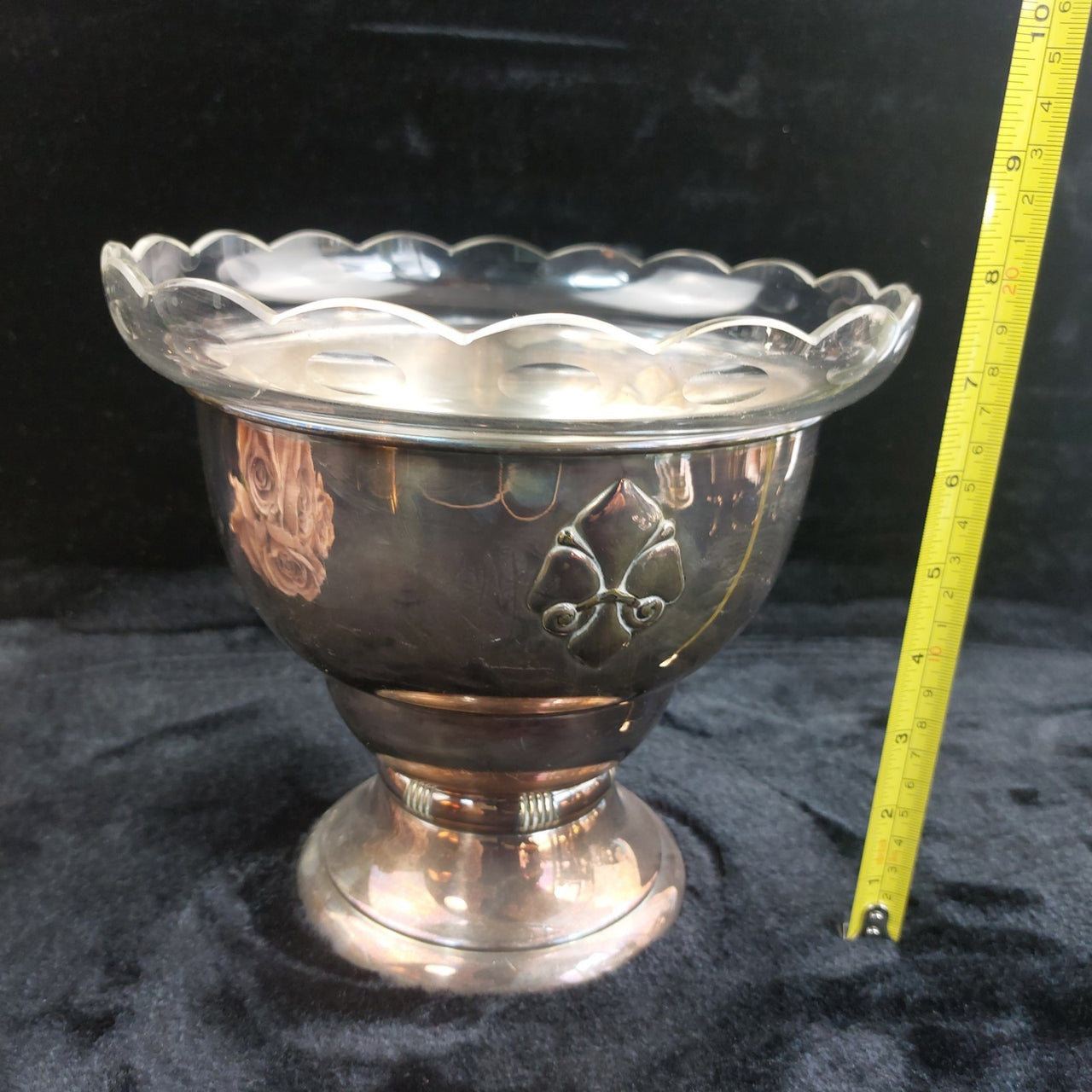 TBE Silverplate Bowl 8.5" Fleur-de-Lis Glass Insert Heavy Worn Acceptable Set3