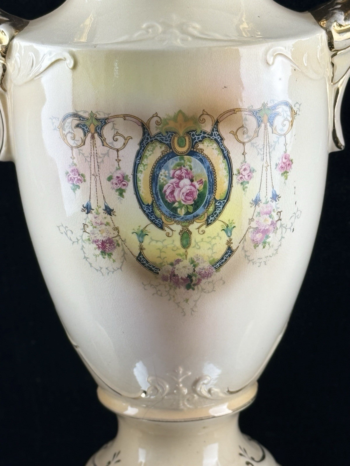 Antique English Alton Ware Urns Set Hand Painted Roses Gilded Porcelain Vase Set12