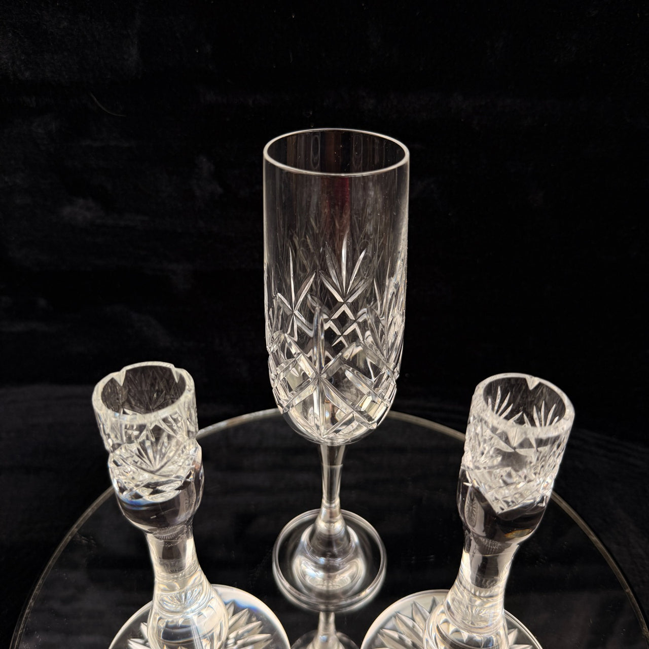 Vintage Cut Crystal Glassware Set – 6 Champagne Flutes & 2 Candlestick Holders9
