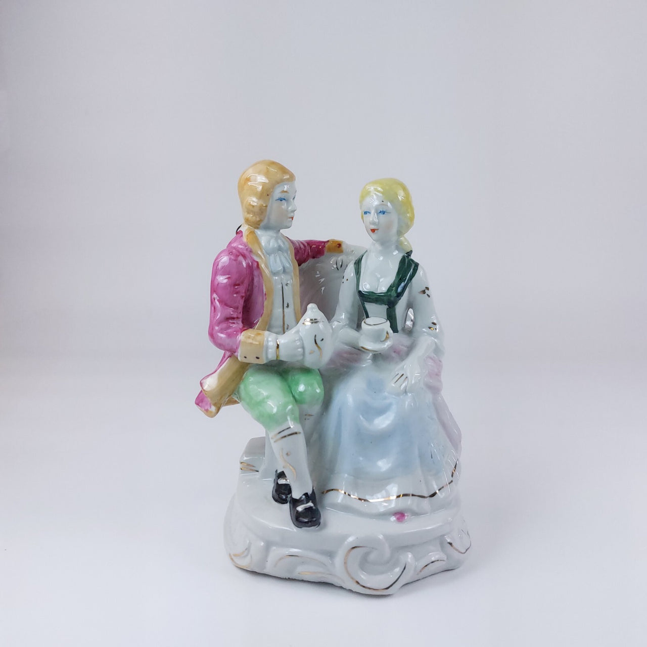 Rare Tea Porcelain Time figurine , Pink and Blue Accents victorian style deco 7"6