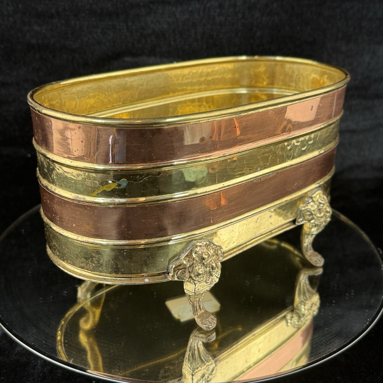 Vintage Copper & Brass Planter Jardiniere 9.5” Footed Oval Hammered Floral deco13