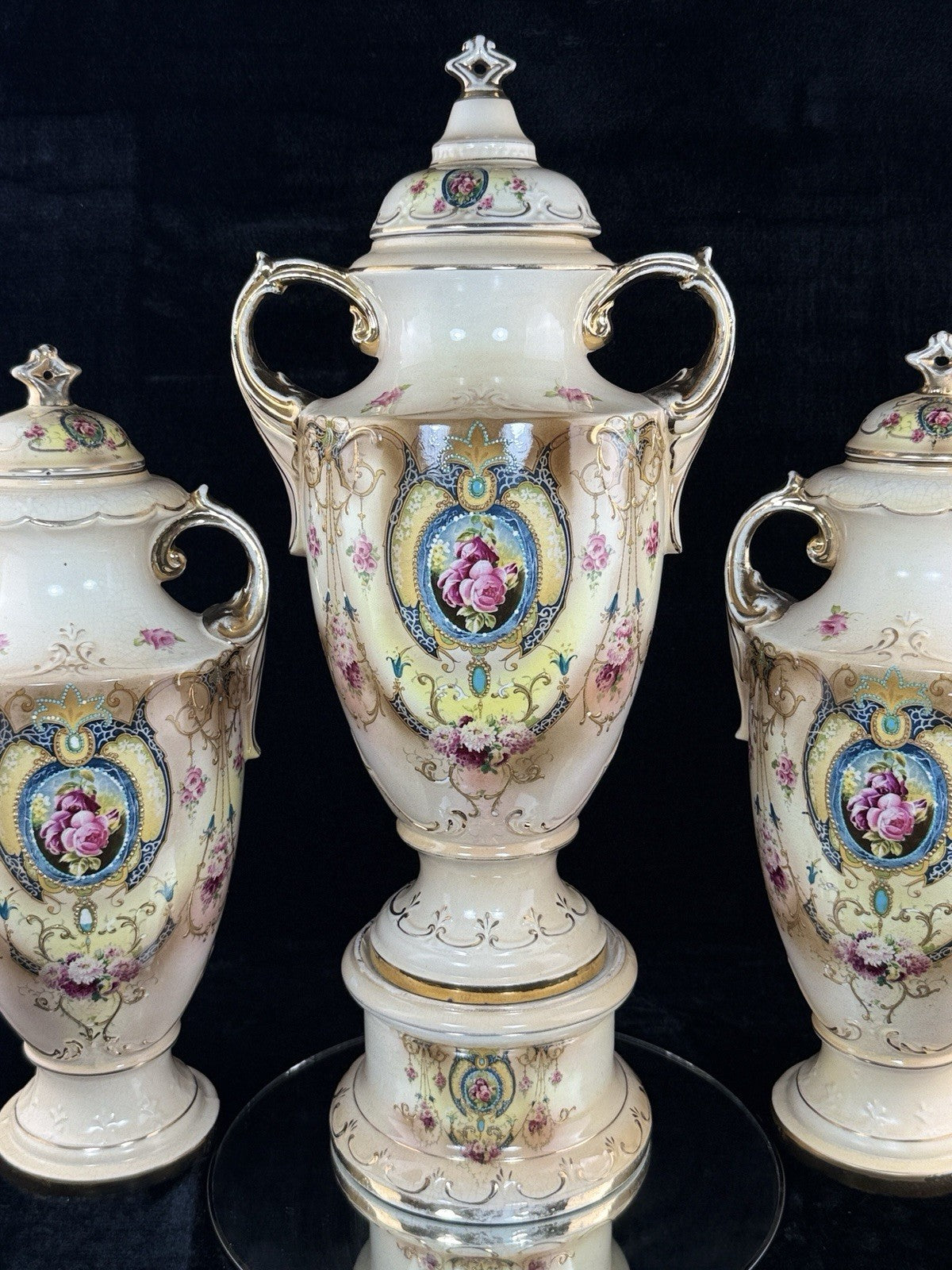 Antique English Alton Ware Urns Set Hand Painted Roses Gilded Porcelain Vase Set22
