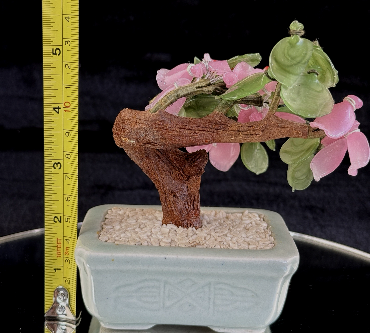 Hand-Carved Bonsai Jade/Stone Tree Figurine - Pink Flowers & Green Leaves gift9