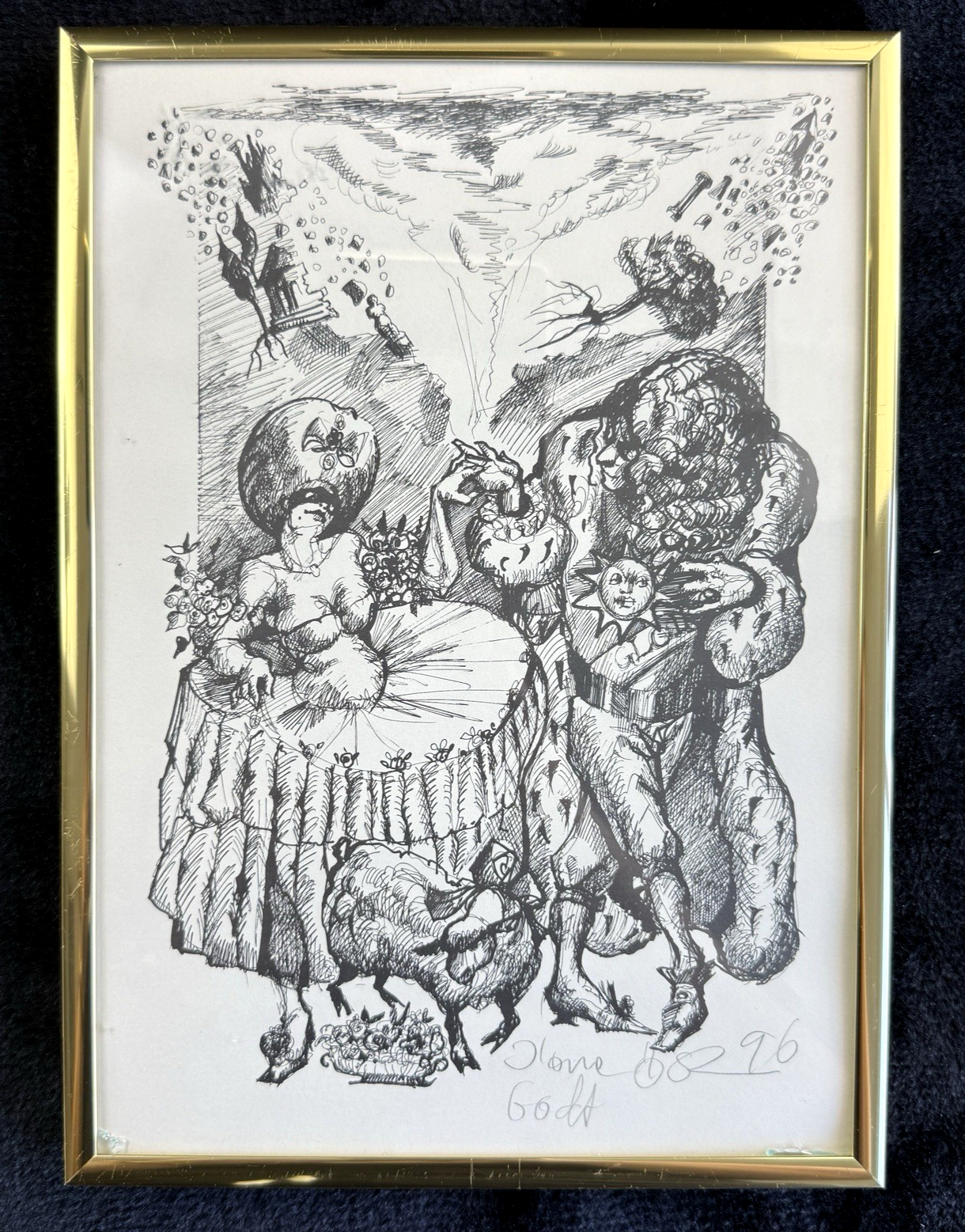 Original Signed & Dated Pen & Ink Drawing Framed Lions & Goats Folk Art Picture14
