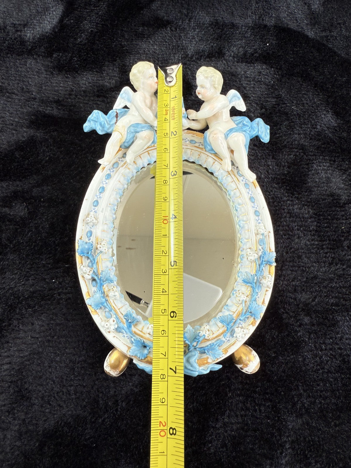 French Antique Style Porcelain Mirror with Cherub Figurines repaired leg Gilt6