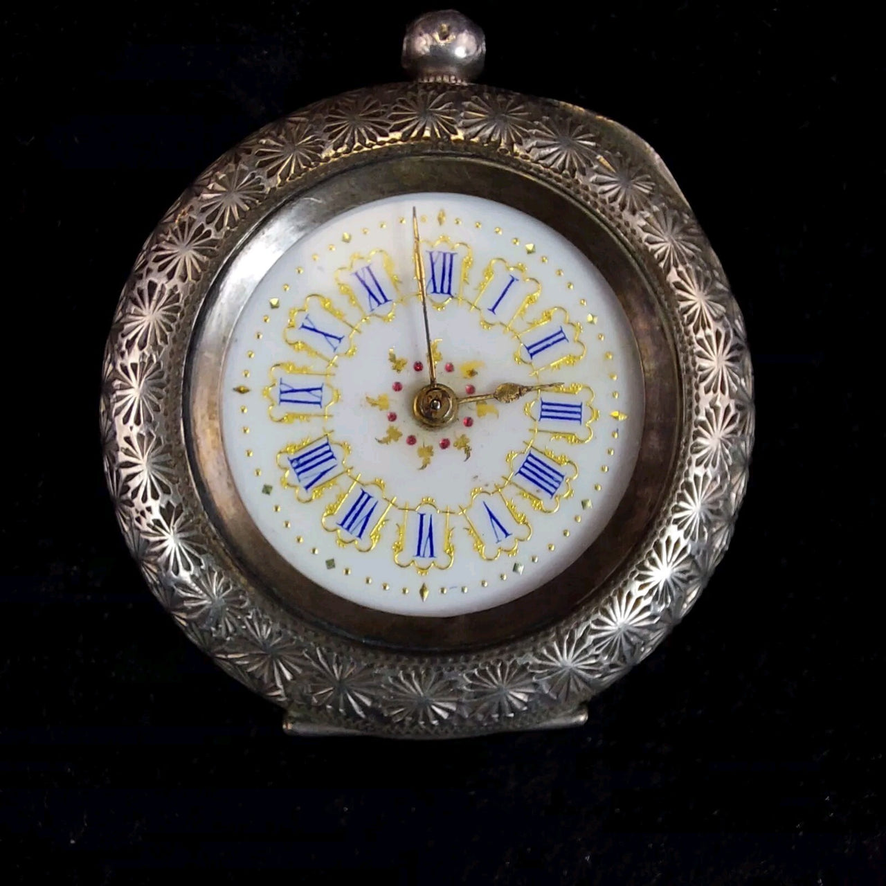 1800's antique Continental Silver Ladyâs Fob Watch Enamel Dial Ornate needs re0